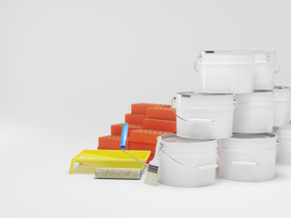 Construction materials isolated on white. Paint bucket, bricks, brush. Copy space. 3D illustration