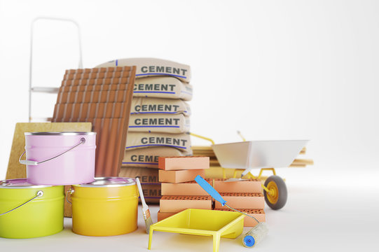 Construction materials isolated on white. Paint bucket, bricks, brush. Copy space. 3D illustration