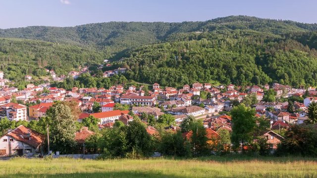 Beautiful panoramic view of the old town in Tryavna, Bulgaria. Time lapse.