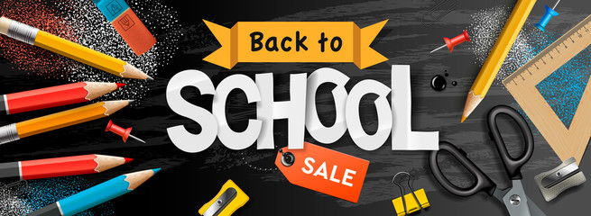 Back to school Sale horizontal banner, pencils and supplies on black chalkboard background, vector illustration.vector illustration.