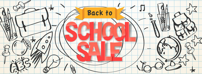 Back to school Sale horizontal banner, doodle background, vector illustration. - obrazy, fototapety, plakaty