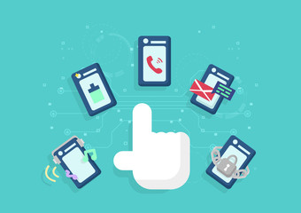 Hand pointing with phone application function technology concept, flat design idea creativity vector
