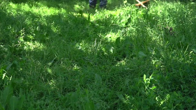 Close up. trimming grass with mower. slow motion. Lawn mowing.