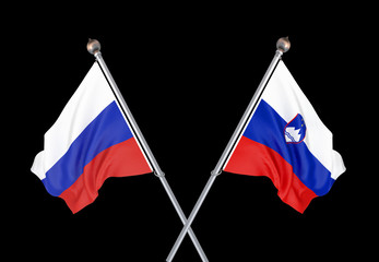 Russia vs Slovenia. Thick colored silky flags of Russia and Slovenia. 3D illustration on black background. – Illustration.