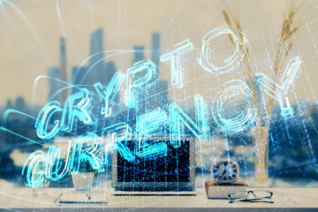 Double exposure of blockchain and crypto economy theme hologram and table with computer background....