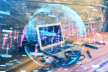 Multi exposure of chart and financial info and work space with computer background. Concept of international online trading.
