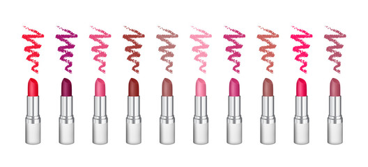 Collection of ten silver lipstick tubes and smears colored in different colors. Vector realistic illustration isolated on white background. Good for advertising banners, promoting of makeup.