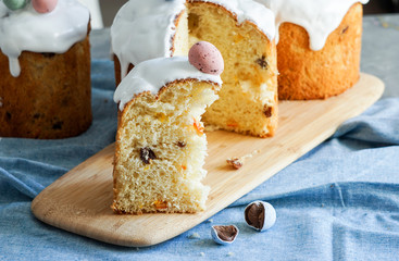 Easter traditional orthodox sweet bread, kulich. Easter holidays breakfast. eggs