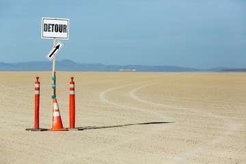 Detour sign on the playa in the Black Rock desert