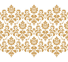 Wallpaper in the style of Baroque. Seamless vector background. White and gold floral ornament. Graphic pattern for fabric, wallpaper, packaging. Ornate Damask flower ornament