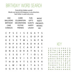 Birthday word search game. Snaking word search puzzle with answers.