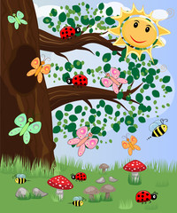 Forest landscape, cartoon illustration with ladybirds, mushrooms, mushrooms, sun, hedgehog, sleepy, unhappy owl, butterflies