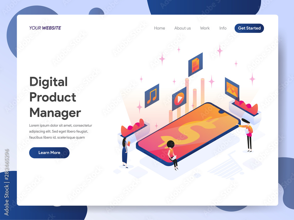 Poster landing page template of digital product manager isometric illustration concept. modern design conce