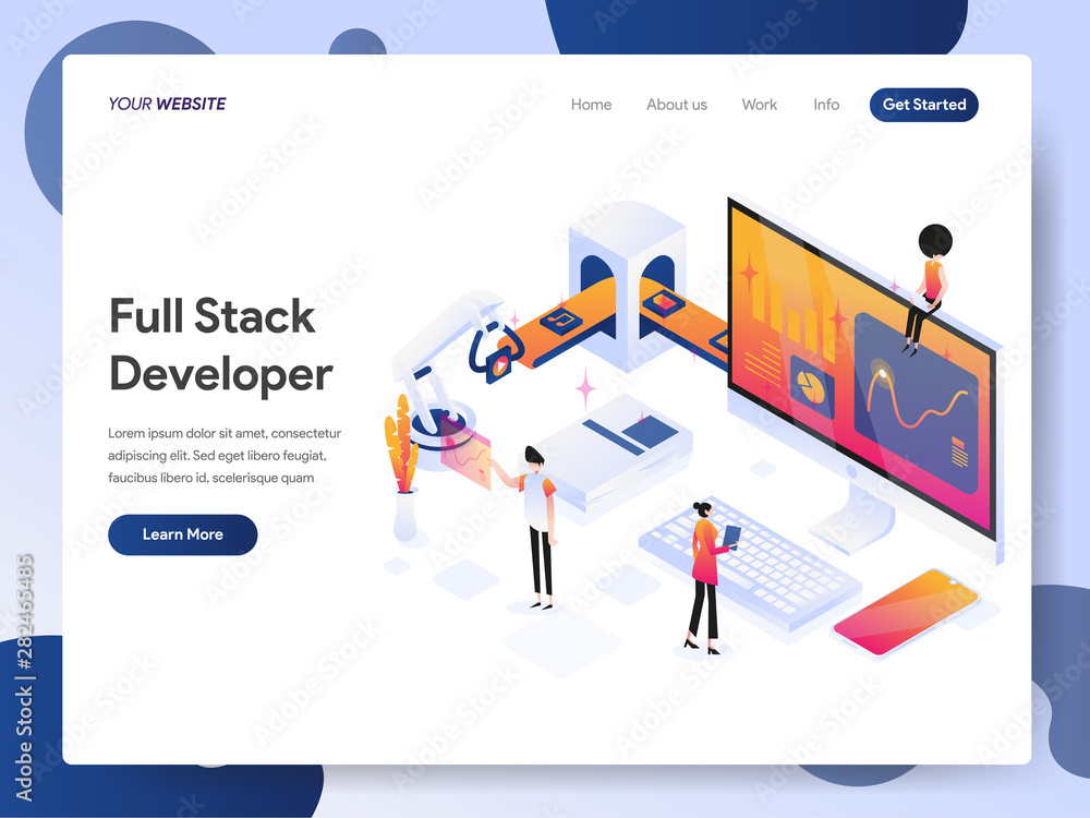 Poster landing page template of full stack developer isometric illustration concept. modern design concept 