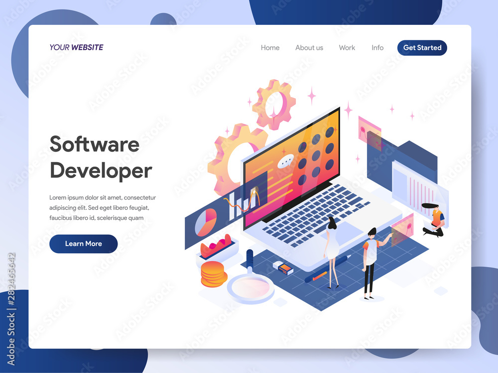 Poster landing page template of software developer isometric illustration concept. modern design concept of
