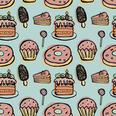 Desserts seamless pattern on a blue background. Hand-drawn vector illustration retro style.