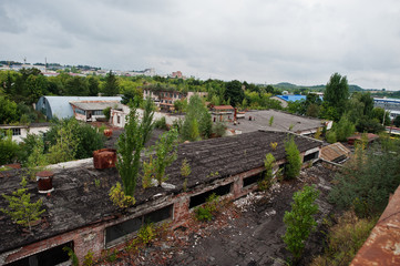 Industria exterior of an roof old abandoned factory.