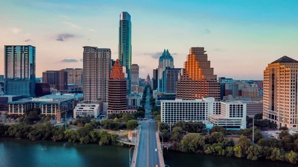 4K Aerial Time Lapse Hyperlapse Austin Skyline Texas Sunset Congress Bridge - Powered by Adobe