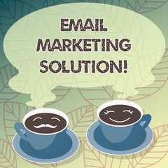 Conceptual hand writing showing Email Marketing Solution. Business photo text helping customers to solve their problems Cup Saucer for His and Hers Coffee Face icon with Steam