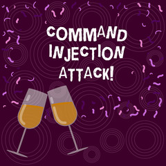 Writing note showing Comanalysisd Injection Attack. Business photo showcasing execution of arbitrary comanalysisds on the host OS Filled Wine Glass for Celebration with Scattered Confetti photo