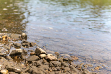 Obraz premium Rocks in a river with moss. Pebble stone background and texture.