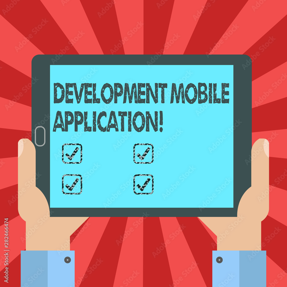 Poster conceptual hand writing showing development mobile application. business photo text writing software