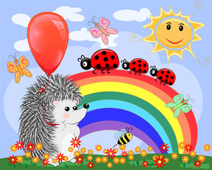 Two lovers cute cartoon hedgehogs, a boy and a girl near a seven-colored rainbow on a spring, summer day
