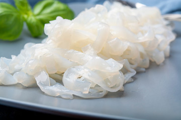 White konjac shirataki noodles, gluten free and no fat diet vegetarian and vegan Asian food