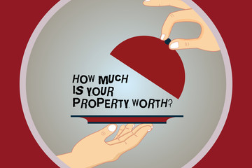 Conceptual hand writing showing How Much Is Your Property Worthquestion. Business photo text Establish the price of properties Hu analysis Hands Serving Tray Platter and Lifting the Lid