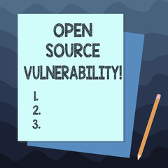 Handwriting text writing Open Source Vulnerability. Concept meaning Publicized Exploits are open to malicious users Stack of Blank Different Pastel Color Construction Bond Paper and Pencil