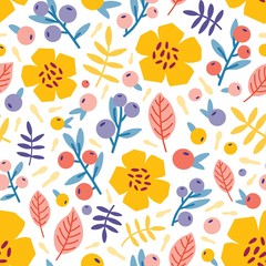 Floral seamless pattern with blooming summer meadow plants. Botanical backdrop with flowers and berries on white background. Flat vector illustration for wrapping paper, textile print, wallpaper.