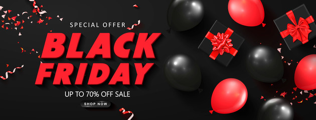 Black friday sale background with balloons,gift boxes and serpentine. Modern design.Universal vector background for poster, banners, flyers, card.