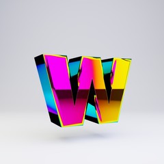 Holographic 3d letter W lowercase. Glossy font with multicolor reflections and shadow isolated on white background.