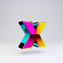 Holographic 3d letter X lowercase. Glossy font with multicolor reflections and shadow isolated on white background.