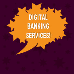 Writing note showing Digital Banking Services. Business photo showcasing Digitization of all the outmoded banking activities Blank Oval Color Speech Bubble with Stars as Outline photo Text Space