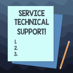 Handwriting text writing Service Technical Support. Concept meaning services that entities provide to users of product Stack of Blank Different Pastel Color Construction Bond Paper and Pencil