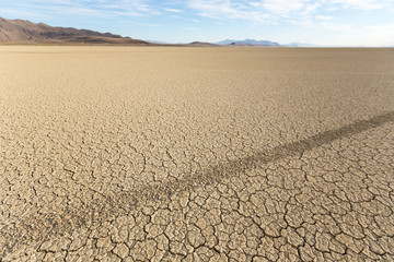 Tire tracks running across the black rock desert playa