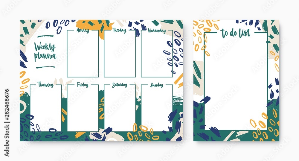 Poster Set of weekly planner with weekdays and to-do-list templates with frame decorated by brush strokes, paint marks and scribble. Printable pages for task organization or planning. Vector illustration.
