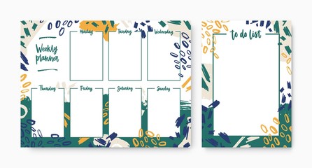 Set of weekly planner with weekdays and to-do-list templates with frame decorated by brush strokes, paint marks and scribble. Printable pages for task organization or planning. Vector illustration.