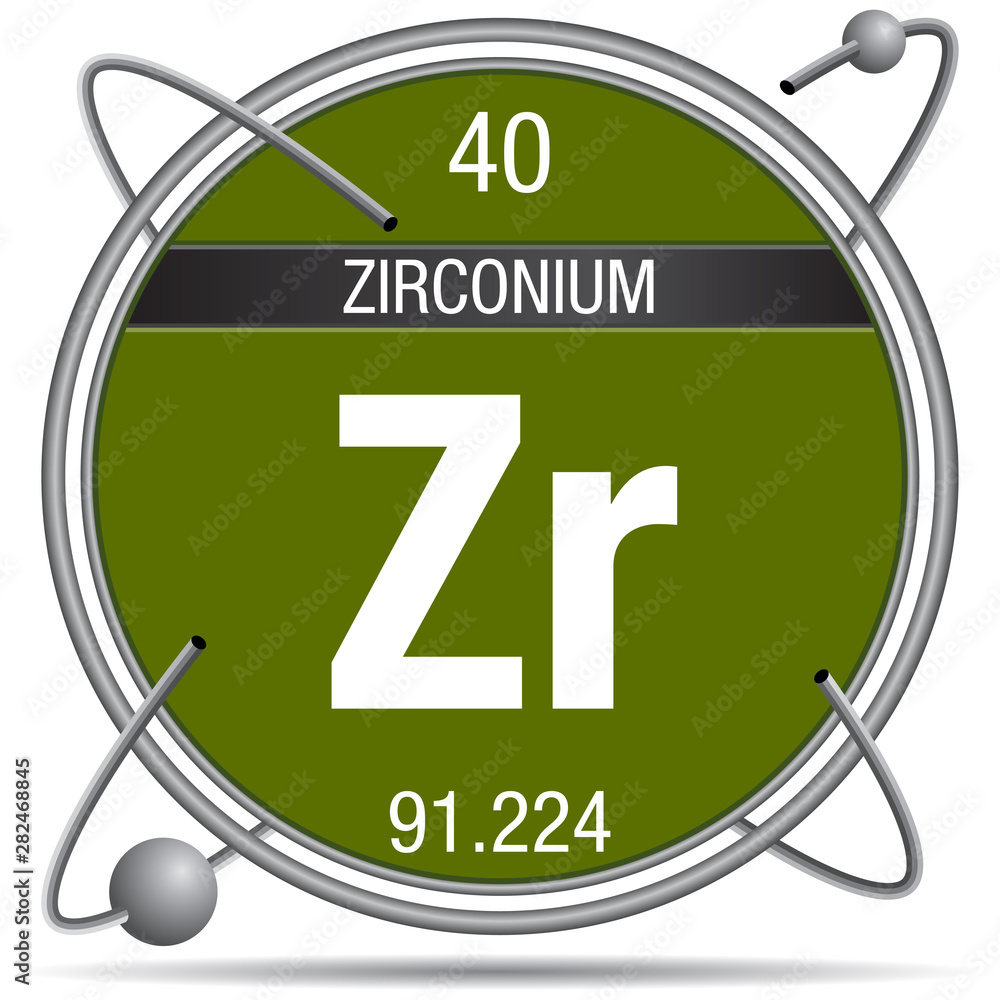 Poster Zirconium symbol inside a metal ring with colored background and spheres orbiting around. Element number 40 of the Periodic Table of the Elements - Chemistry - Posters