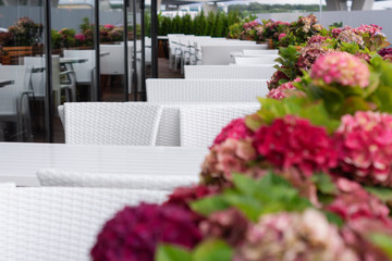 Fototapeta na wymiar Cafe terrace with flower decoration