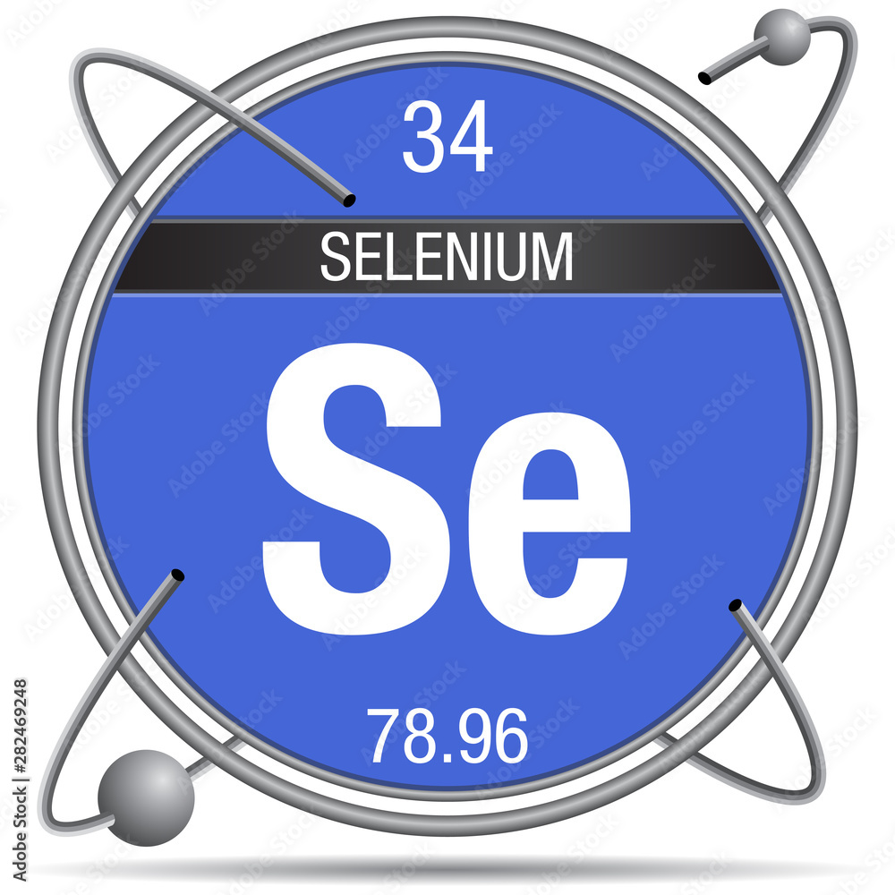 Poster Selenium symbol  inside a metal ring with colored background and spheres orbiting around. Element number 34 of the Periodic Table of the Elements - Chemistry - Posters