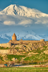 Ancient castle monastery Khor Virap in Armenia with Ararat mountain landscape at background. It was...