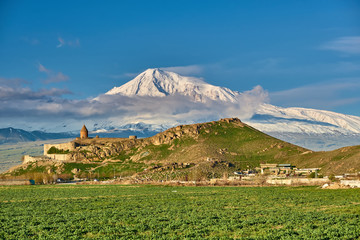 Ancient castle monastery Khor Virap in Armenia with Ararat mountain landscape at background. It was founded in years 642-1662.