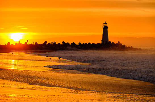 Santa Cruz Breakwater Light (Walton Lighthouse) at sunrise, Pacific coast, California, USA
