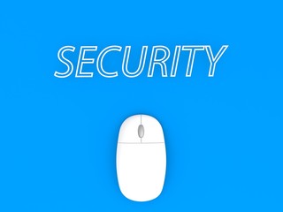 Computer mouse and the word SECURITY on a blue background background. 3d render illustration.