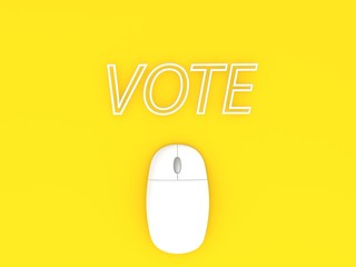 Computer mouse and the word VOTE yellow background backdrop. 3d render illustration.