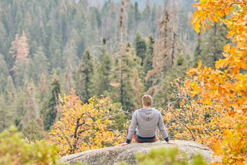 Tourist man hiking in Sequoia National Park at fall, looking at autumn mountain scenic landscape. California, United States.