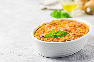 Zucchini casserole. Selective focus, space for text.