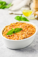 Zucchini casserole. Selective focus, space for text.